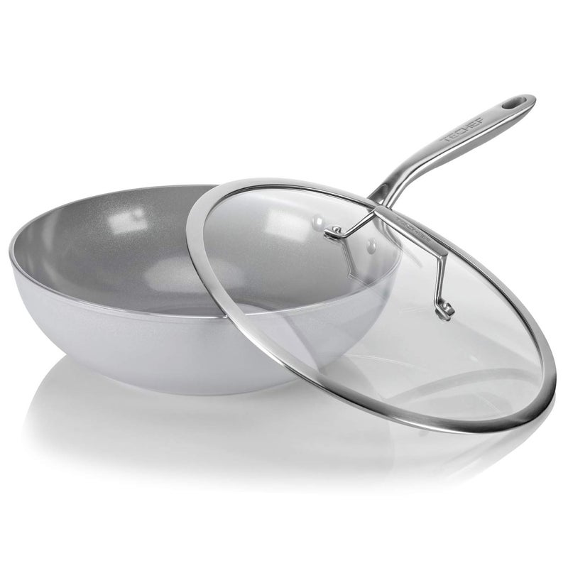 TECHEF CeraTerra 12 Ceramic Nonstick WokStirFry Pan with Glass Lid PTFE and PFOA Free Ceramic Exterior Interior Made in Korea 12in with lid