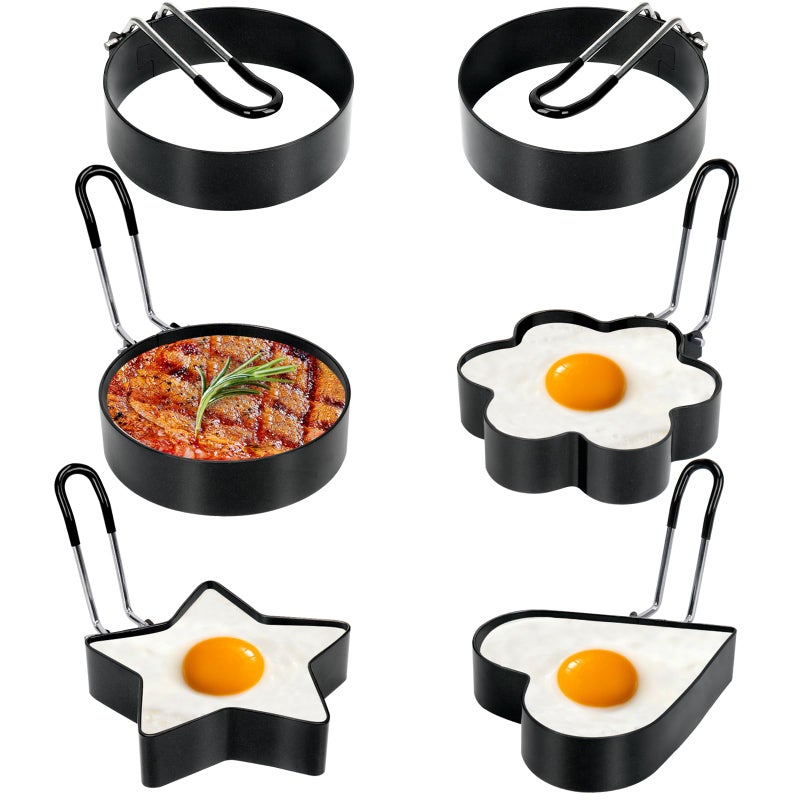 6 Pack Eggs Rings Stainless Steel Egg Cooking Rings Round Pancake Mold for Frying Eggs Omelet and Muffins Nonstick Fried Egg Mold Ring with Oil Brush and Slotted Spatula 4 Shapes