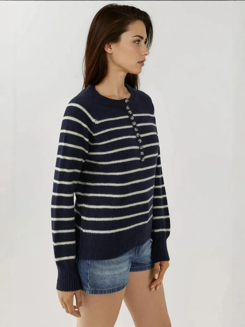 HICCUP Striped Button Collar Sweater