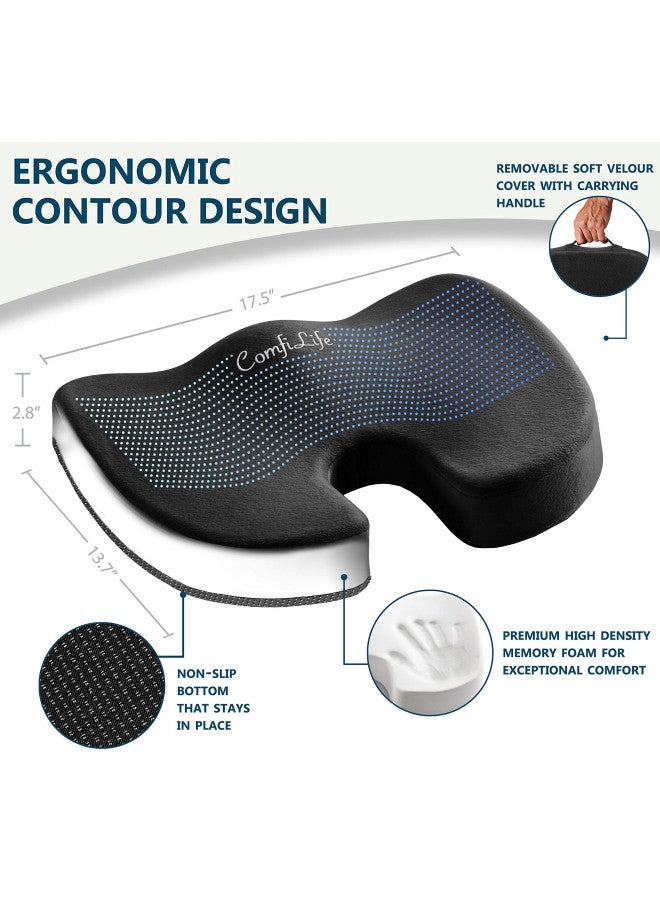 ComfiLife Premium Comfort Seat Cushion - Non-Slip Orthopedic 100% Memory Foam Coccyx Cushion for Tailbone Pain - Cushion for Office Chair Car Seat - Back Pain & Sciatica Relief (Black) - Image 1