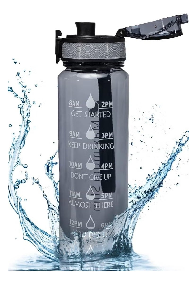 زجاجة مياه رياضية مع علامات للوقت خالية من البيسفينول أ وضد التسرب، غلاية شرب محمولة قابلة لإعادة الاستخدام سعة 1 لتر للرجال والنساء والأطفال والطلاب مناسبة للتخييم والمكتب والمدرسة وصالة الألعاب الرياضية 29.5*5*7.5سم - Image 1