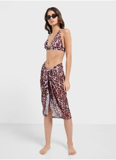 Ginger 3 Pc Halter Neck Leopard Print Bikini, Brief & Tie Up Skirt Set  - Image 1