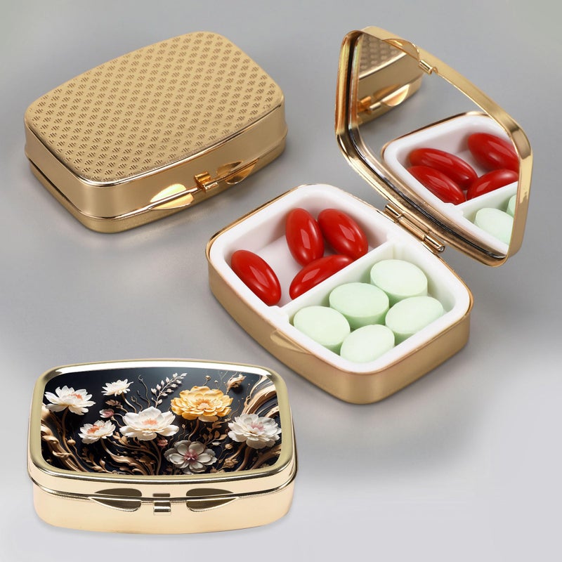 Dynippy Pill Case Pill Box with Mirror Retro Pocket 2 Compartment Medicine Case Vitamin Pill Organizer for Pocket Purse and Travel (Gold- Flower 1) - Image 2