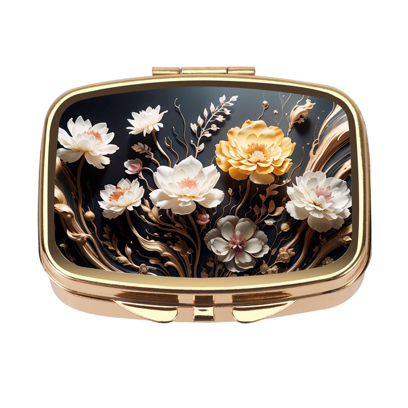 Dynippy Pill Case Pill Box with Mirror Retro Pocket 2 Compartment Medicine Case Vitamin Pill Organizer for Pocket Purse and Travel (Gold- Flower 1) - Image 1