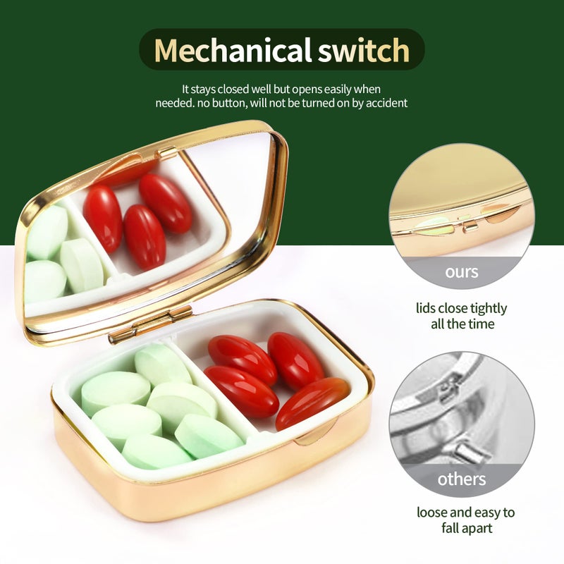 Dynippy Pill Case Pill Box with Mirror Retro Pocket 2 Compartment Medicine Case Vitamin Pill Organizer for Pocket Purse and Travel (Gold- Flower 1) - Image 3