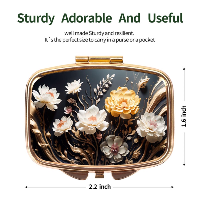 Dynippy Pill Case Pill Box with Mirror Retro Pocket 2 Compartment Medicine Case Vitamin Pill Organizer for Pocket Purse and Travel (Gold- Flower 1) - Image 4