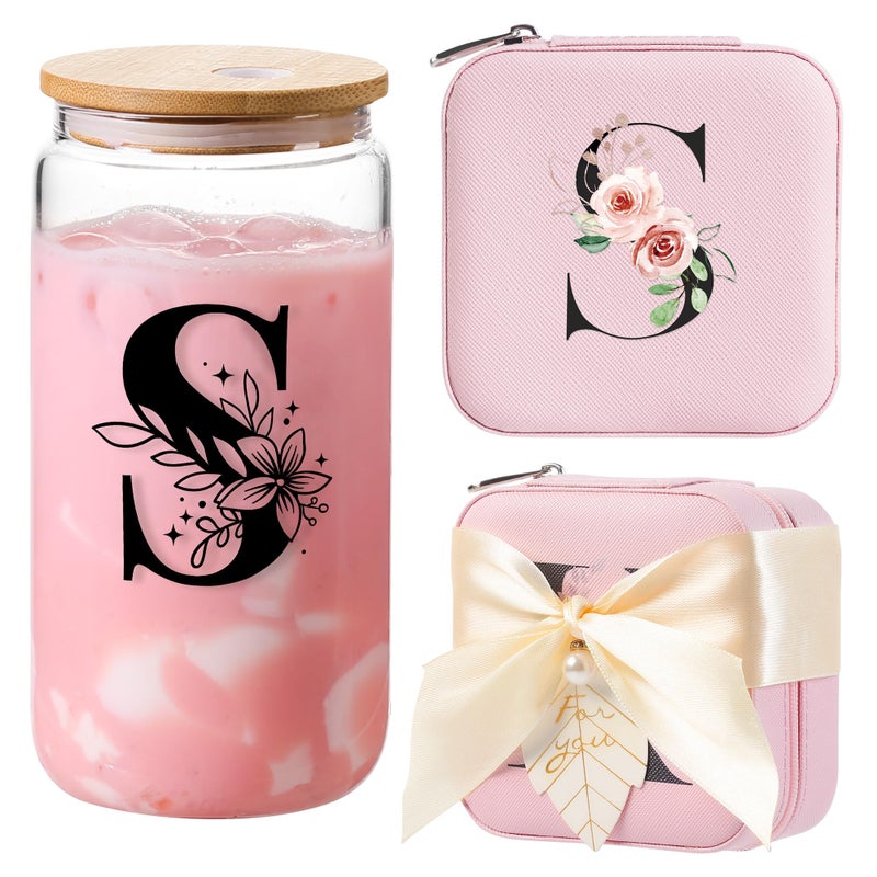 AYGXU Initial glass cups with lids and straws,personalized gifts for women,iced coffee cups,travel jewelry case organizer,small jewelry travel case,jewelry box for girls.Initial S pink - Image 1
