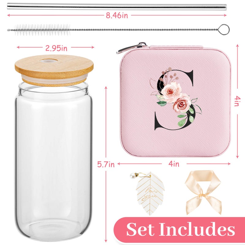 AYGXU Initial glass cups with lids and straws,personalized gifts for women,iced coffee cups,travel jewelry case organizer,small jewelry travel case,jewelry box for girls.Initial S pink - Image 2