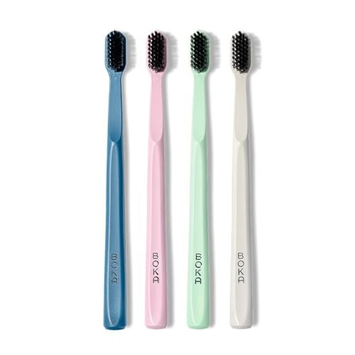 BOKA Boka Classic Manual Toothbrush with Extra Soft ActivatedCharcoal Tapered Bristles Bioplastic Handle That Includes Travel Cap DentistApproved Great for Adults and Kids Multi Color Pack of 4