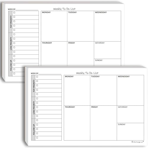 Life Charge Weekly TO DO List Notepads (2 Pack, 50 Pages Each) Task Pad Planner w/Daily Checklist, Priority ToDo & Note Sections. Desk Notebook Pad to Organize Office. 8.5 X 5.5, A5 Sheets. Made in the USA. - Image 1