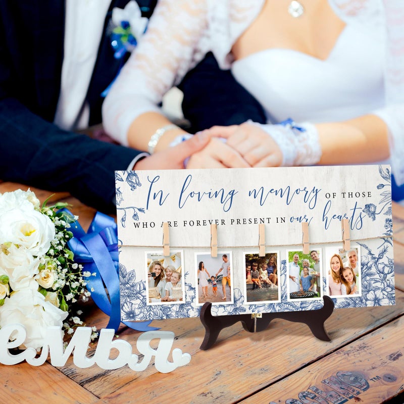 RattanView Wood Memory Table Sign 16 x 8 Inch in Loving Memory Wedding Sign with 5 Clips Wedding Decor for Ceremony and Reception Wooden Memorial Picture Board to Honor Souls(Blue Floral) - Image 4