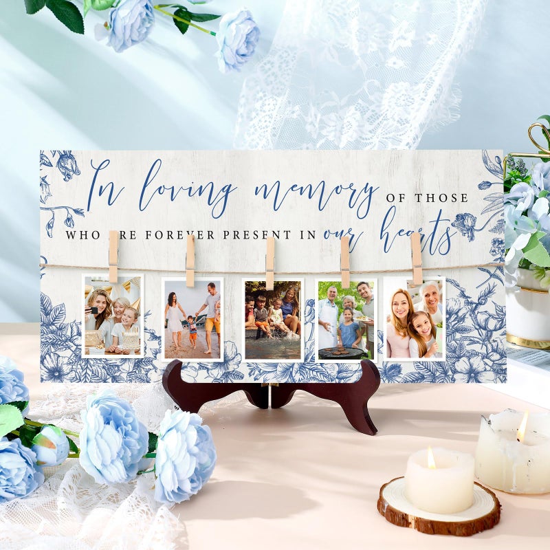 RattanView Wood Memory Table Sign 16 x 8 Inch in Loving Memory Wedding Sign with 5 Clips Wedding Decor for Ceremony and Reception Wooden Memorial Picture Board to Honor Souls(Blue Floral) - Image 1