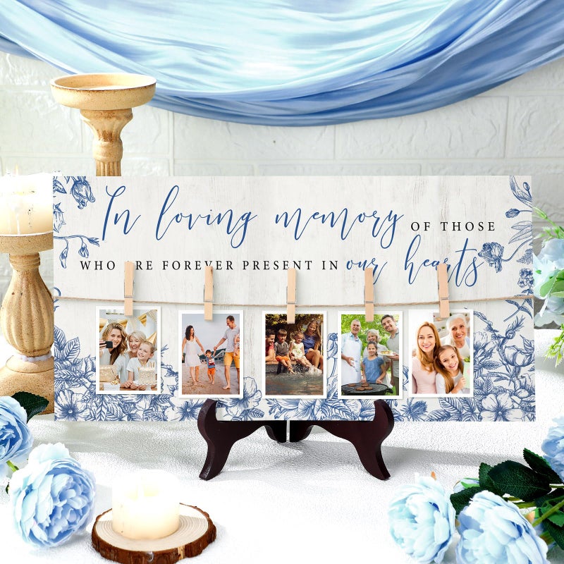 RattanView Wood Memory Table Sign 16 x 8 Inch in Loving Memory Wedding Sign with 5 Clips Wedding Decor for Ceremony and Reception Wooden Memorial Picture Board to Honor Souls(Blue Floral) - Image 3