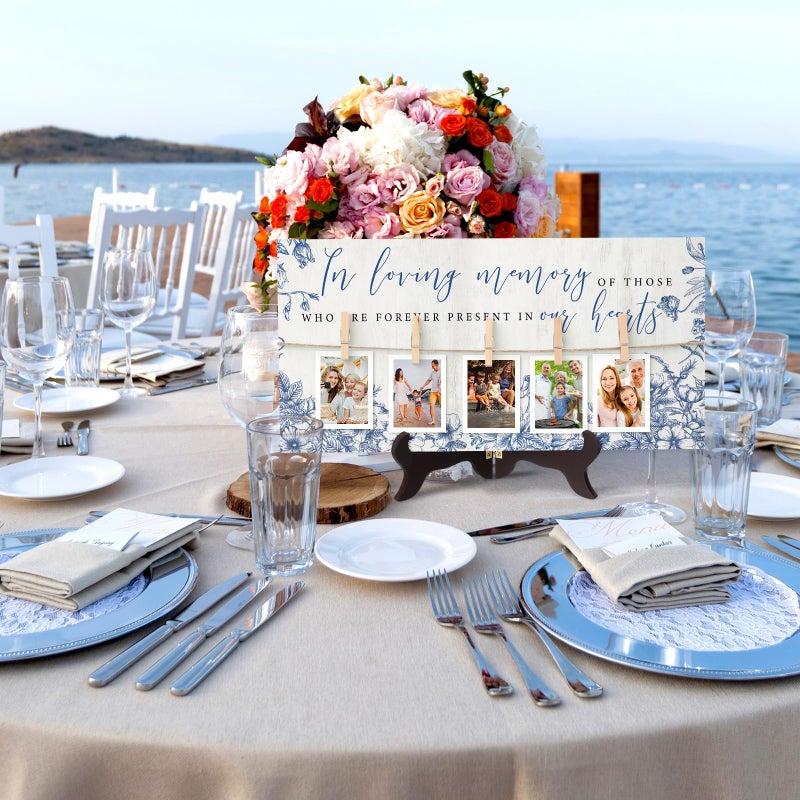 RattanView Wood Memory Table Sign 16 x 8 Inch in Loving Memory Wedding Sign with 5 Clips Wedding Decor for Ceremony and Reception Wooden Memorial Picture Board to Honor Souls(Blue Floral) - Image 5