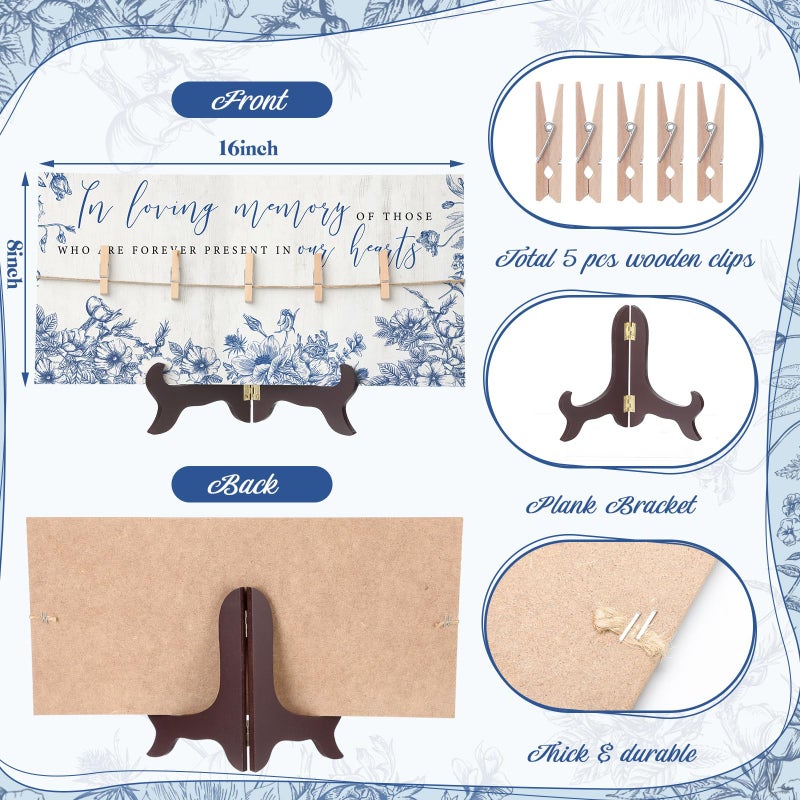 RattanView Wood Memory Table Sign 16 x 8 Inch in Loving Memory Wedding Sign with 5 Clips Wedding Decor for Ceremony and Reception Wooden Memorial Picture Board to Honor Souls(Blue Floral) - Image 2