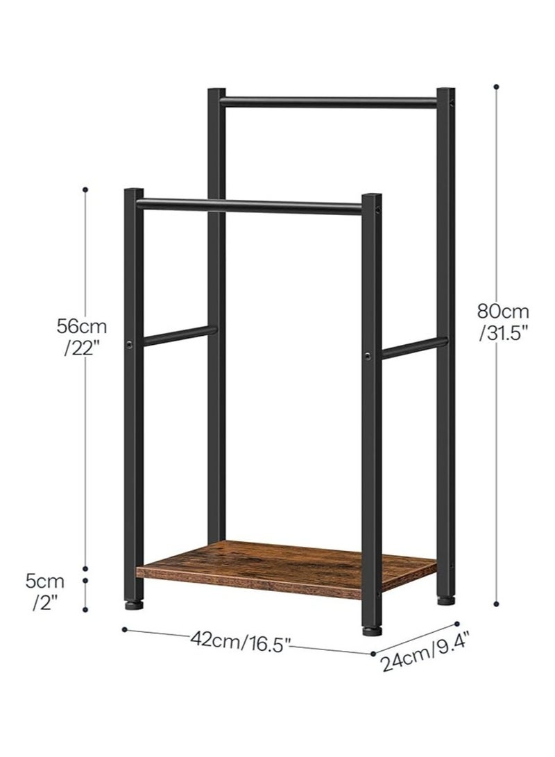 أبوستيم رف مناشف حمام قائم بذاته، مقاس 42×24×80 سم، رف بطانيات مزدوج الطبقات، رف بطانيات، رف تجفيف وعرض مع أرفف، لون بني وأسود ريفي - Image 2