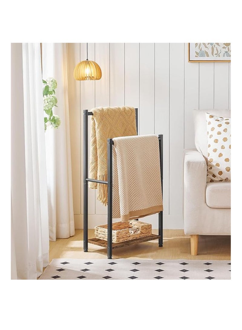 أبوستيم رف مناشف حمام قائم بذاته، مقاس 42×24×80 سم، رف بطانيات مزدوج الطبقات، رف بطانيات، رف تجفيف وعرض مع أرفف، لون بني وأسود ريفي - Image 5