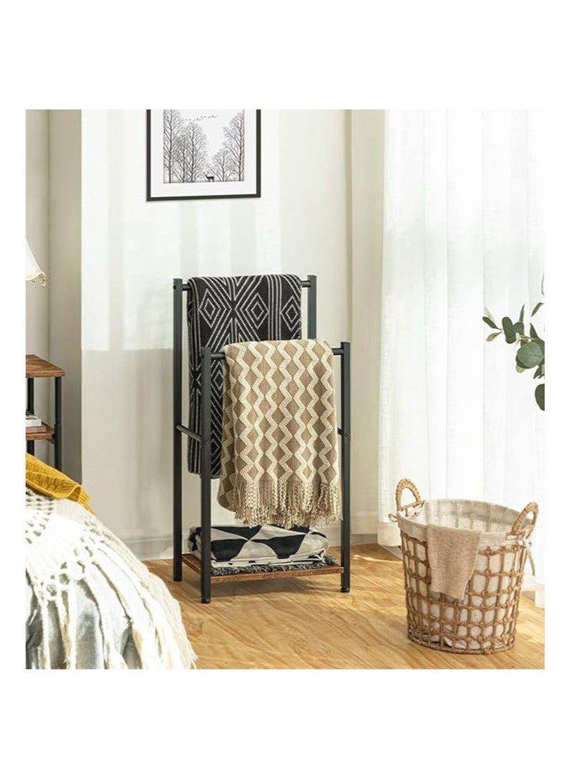 أبوستيم رف مناشف حمام قائم بذاته، مقاس 42×24×80 سم، رف بطانيات مزدوج الطبقات، رف بطانيات، رف تجفيف وعرض مع أرفف، لون بني وأسود ريفي - Image 3