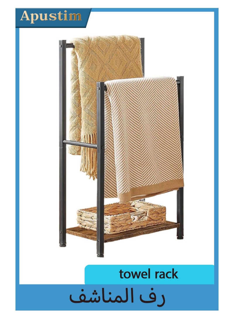 أبوستيم رف مناشف حمام قائم بذاته، مقاس 42×24×80 سم، رف بطانيات مزدوج الطبقات، رف بطانيات، رف تجفيف وعرض مع أرفف، لون بني وأسود ريفي - Image 1