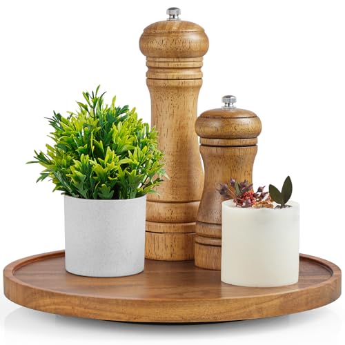 Bivvclaz 10 Acacia Wood Lazy Susan Turntable Organizer for Cabinet Round Serving Tray Decorative Tray Vintage Centerpiece Candle Holder Tray Farmhouse Tray for Kitchen Countertop Coffee Table Decor - Image 1