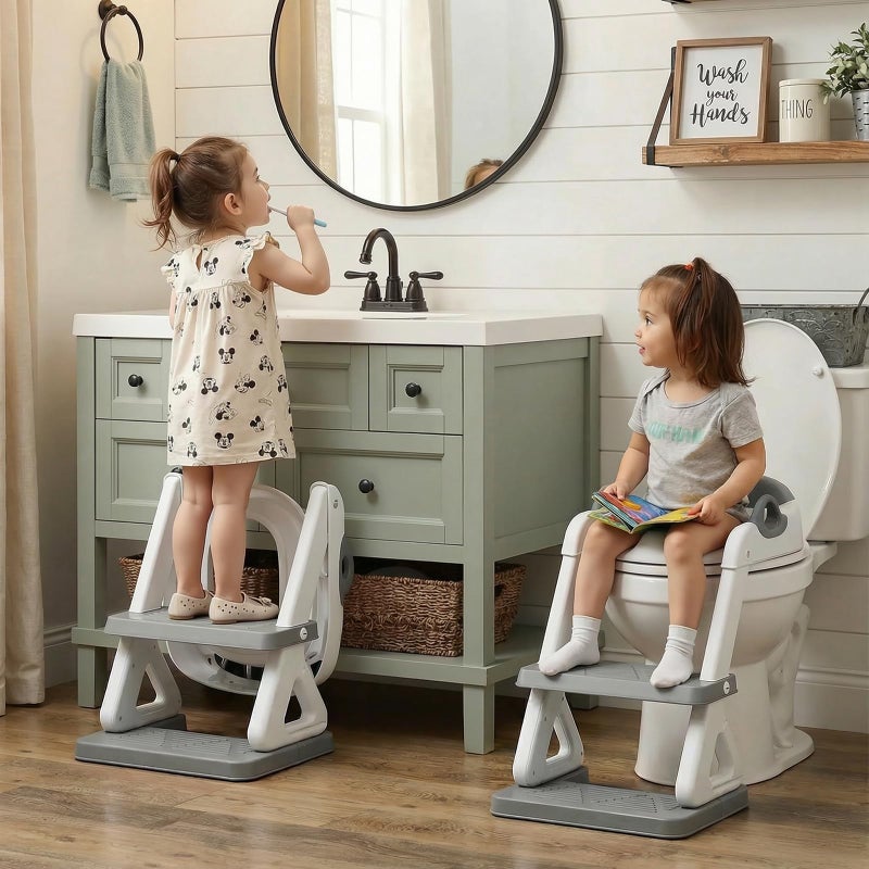 Wiifo Potty Training Toilet Seat with Step Stool Ladder for Boys and Girls, 2 in 1 Potty Training Toilet, Splash Guard Anti-Slip Pad Step Stoolï¼ˆGray-White) Pedal Upgrade - Image 2