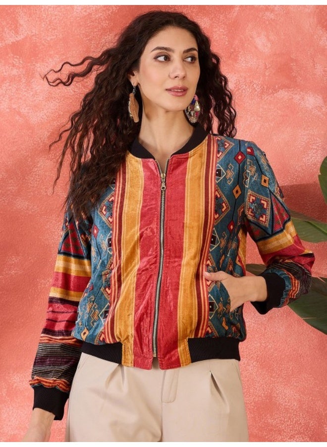 AKS Multicolor Velvet Light Bomber Jacket  - Image 1
