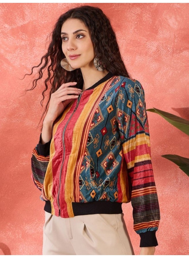 AKS Multicolor Velvet Light Bomber Jacket  - Image 4