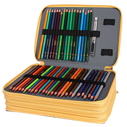 Vomgomfom Colored Pencil Holder - 200 Slots Large Capacity Case with Zipper Closure Twill Fabric, Yellow Flower Pattern for Watercolor Pens, Markers, Artists - Image 4