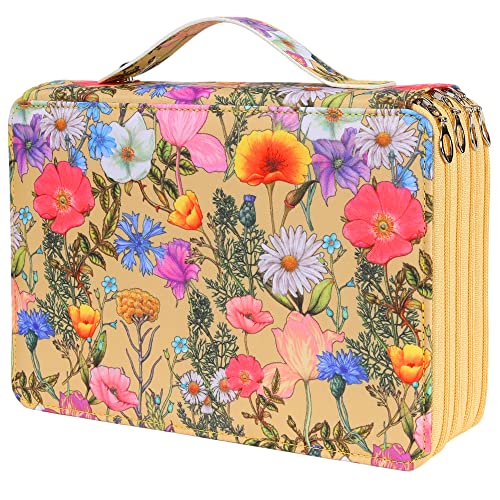 Vomgomfom Colored Pencil Holder - 200 Slots Large Capacity Case with Zipper Closure Twill Fabric, Yellow Flower Pattern for Watercolor Pens, Markers, Artists - Image 1