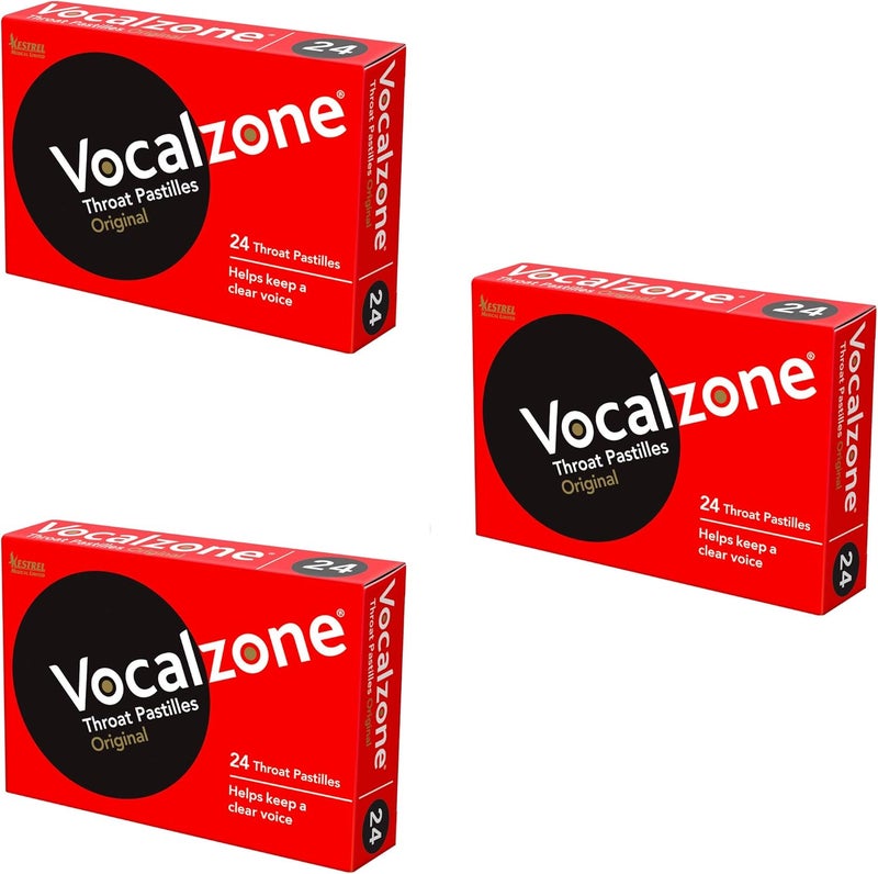 Vocalzone Throat Pastilles Original 3 Packs 24 for Sore Throats and Hoarseness When Overusing Your Voice Produced and Sold in The United Kingdom Since 1912 - Image 1