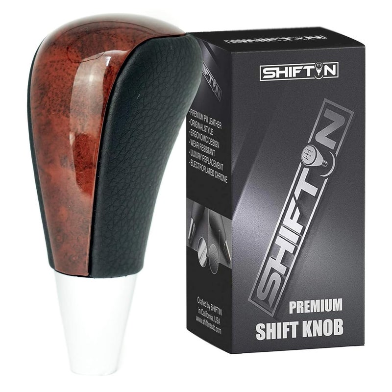 SHIFTIN Leather Wood Gear Shift Knob for Toyota Avalon Yaris 4Runner Land Cruiser Sienna Camry Solara Tacoma and Lexus ES300 ES330 GS300 GS400 GS430 SC (Black Leather/Brown Walnut) - Image 1