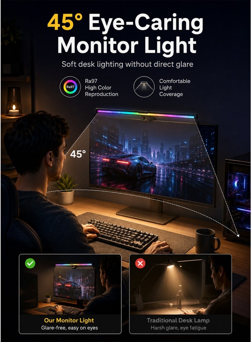 شريط إضاءة للشاشة مزود بإضاءة خلفية RGB، مصباح شاشة كمبيوتر بطول 44 سم، قابل لتعديل السطوع ودرجة حرارة اللون، يعمل باللمس، إضاءة LED لشاشة الألعاب، يحافظ على صحة العين، لا يسبب الوهج، موفر للمساحة، مناسب للعمل والدراسة - Image 5