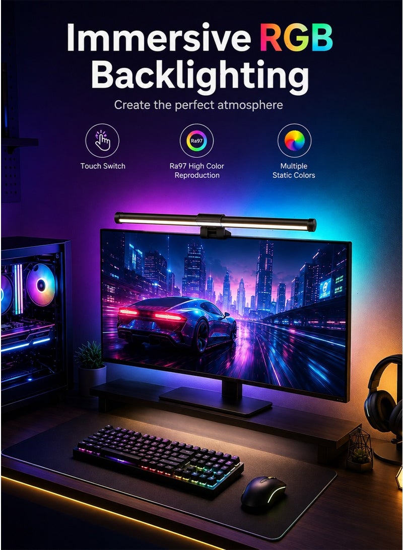 شريط إضاءة للشاشة مزود بإضاءة خلفية RGB، مصباح شاشة كمبيوتر بطول 44 سم، قابل لتعديل السطوع ودرجة حرارة اللون، يعمل باللمس، إضاءة LED لشاشة الألعاب، يحافظ على صحة العين، لا يسبب الوهج، موفر للمساحة، مناسب للعمل والدراسة - Image 1