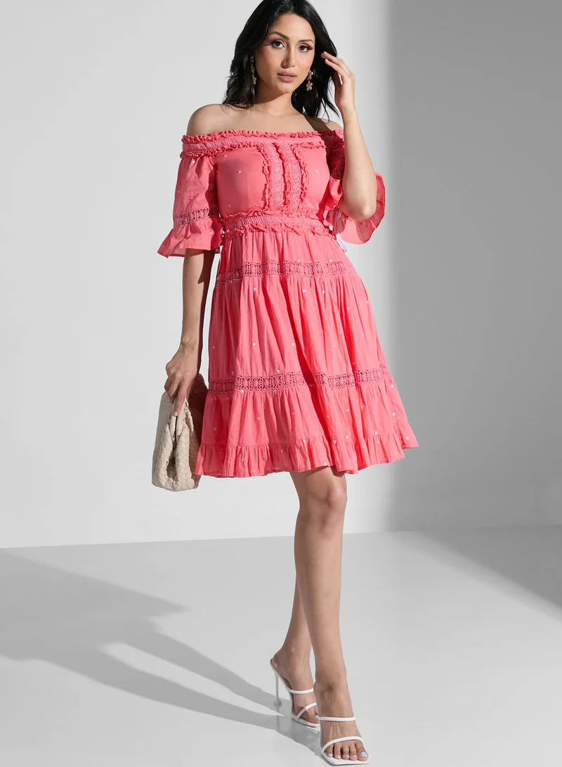 Frock and Frill Bardot Flute Sleeve Dress