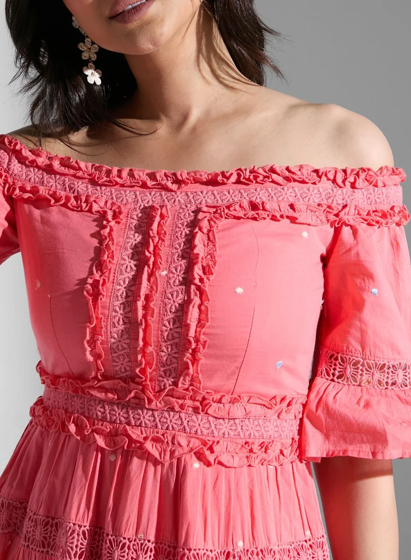 Frock and Frill Bardot Flute Sleeve Dress