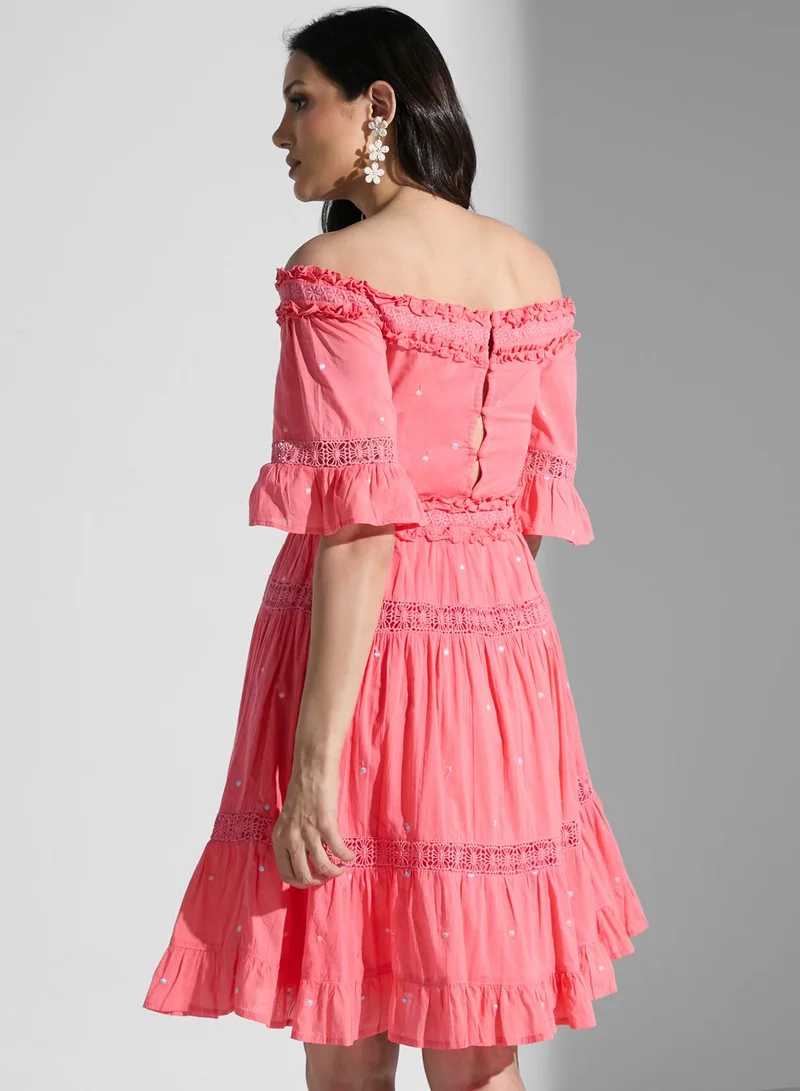 Frock and Frill Bardot Flute Sleeve Dress