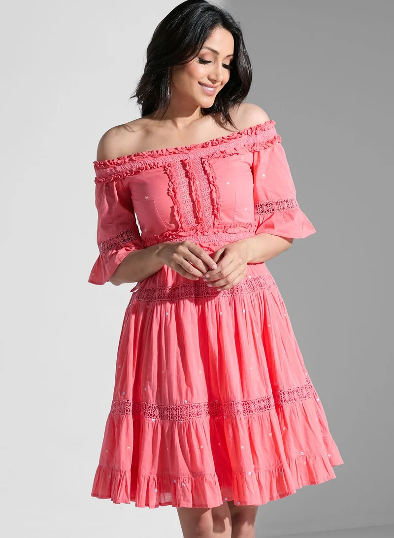 Frock and Frill Bardot Flute Sleeve Dress