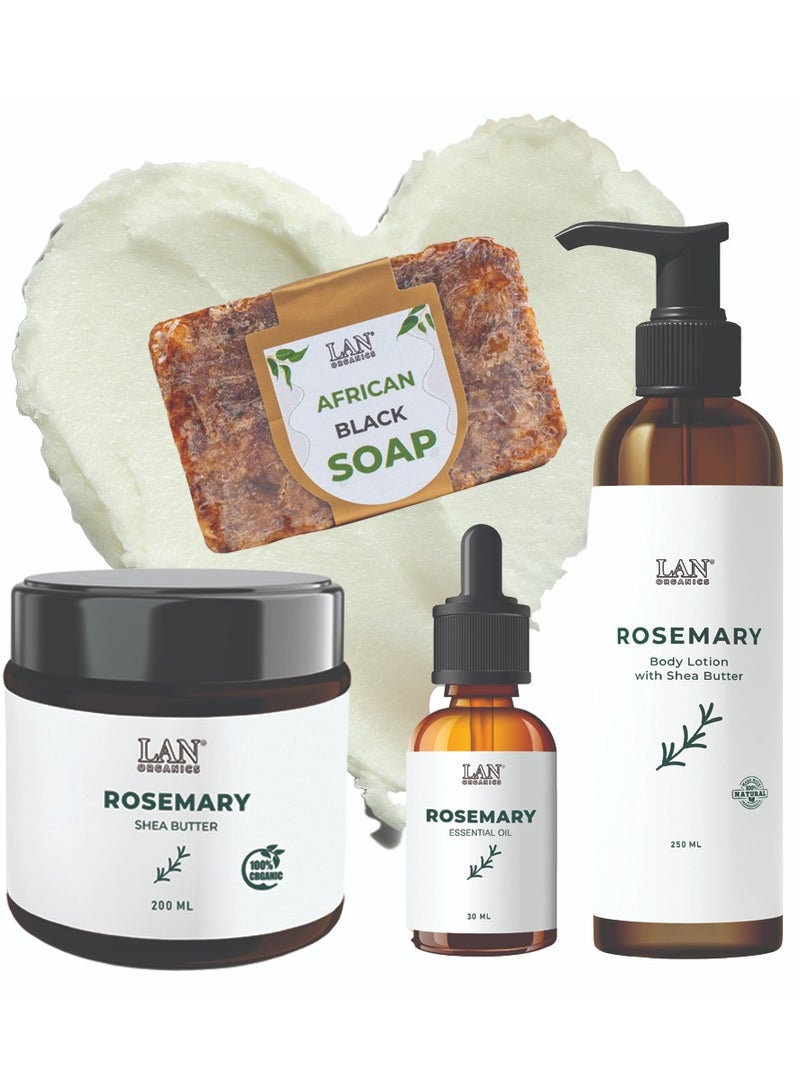 طقم لوشن اكليل الجبل وزبدة الشيا الطبيعي 250مل مع زبدة الشيا بخلاصة اكليل الجبل 200مل مع زيت اكليل الجبل الاساسي 30مل مع صابون الافريقي الاسود الطبيعي 120جرام