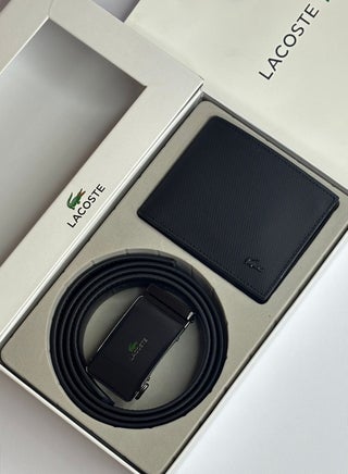 LACOSTE Lacoste Men's Classic Leather Wallet Belt Set-Black