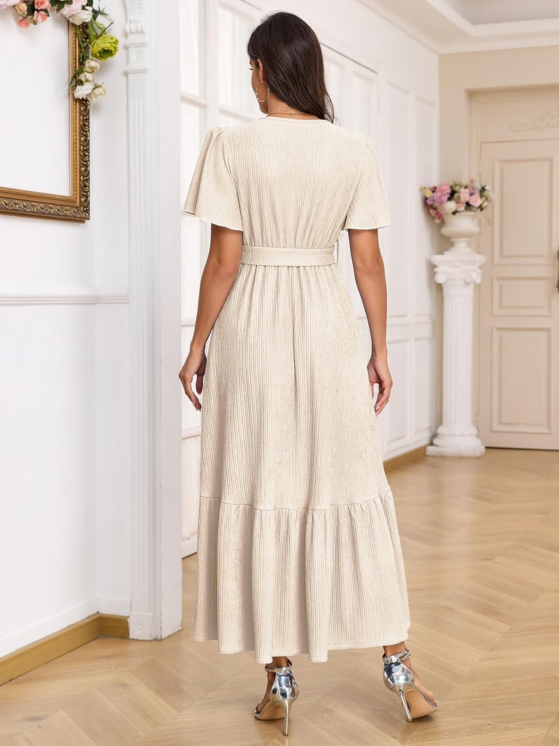 AISWI Maternity Short Sleeve Maxi Dress with Belt Crew Neck Pregnancy Tiered Ruffle Flowy Pocket Dresses Baby Shower, Champagne, S - Image 2