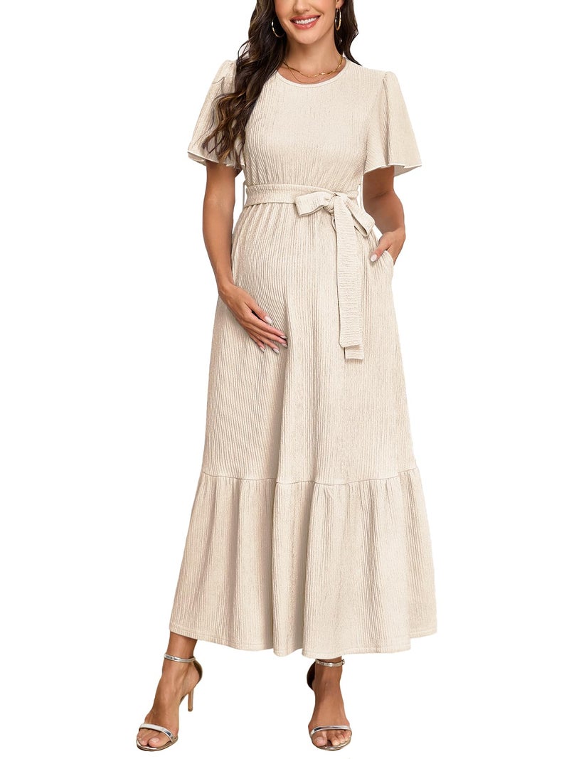 AISWI Maternity Short Sleeve Maxi Dress with Belt Crew Neck Pregnancy Tiered Ruffle Flowy Pocket Dresses Baby Shower, Champagne, S - Image 1