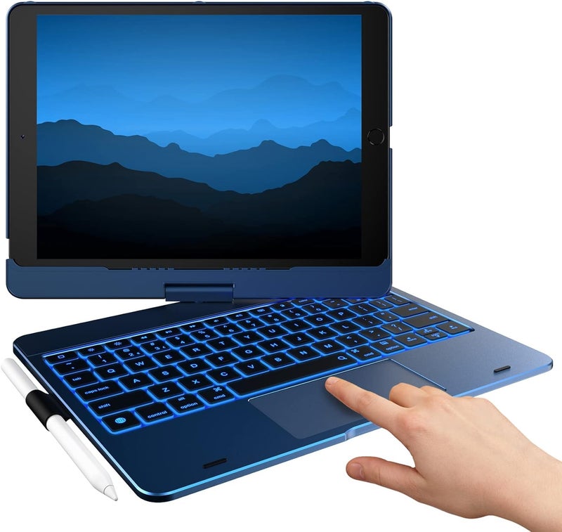 typecase لوحة مفاتيح فليكس بوك لجهاز آيباد 9 الجيل 10.2 بوصة، 8/7 الجيل، آير 3 10.5 بوصة، برو 10.5 بوصة، دوران 360°، إضاءة خلفية 10 ألوان، بلوتوث 5.0، إيماءات اللمس، حامل قلم (أزرق منتصف الليل) - Image 1