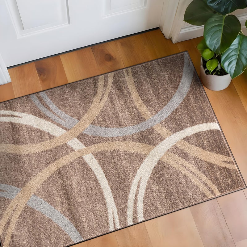 Rugshop Modern Wavy Circles Design Accent Rug, Fade-Resistant Carpet for Entryway, Bathroom, or Small Spaces, Brown, 2'7" x 4' - Image 1