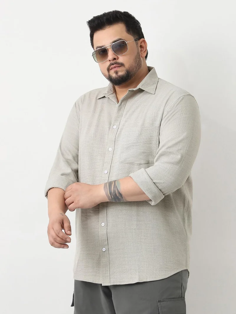 Urbano Plus Men's Beige Linen Blend Full Sleeve Relaxed Fit Casual Solid Shirt