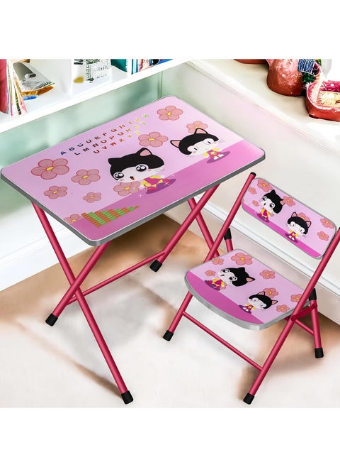 Kids Folding Table and 1 Chair Set Portable Study Desk Cartoon Themed Play Educational Furniture Easy Fold for Storage Ideal for Snacks Art Homework and Learning Nursery Growing with Your Baby Child