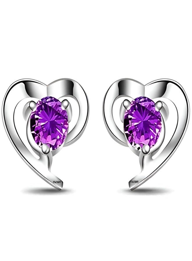 ELOISH Silver Plated Purple CZ Studded Heart Earrings - Image 1