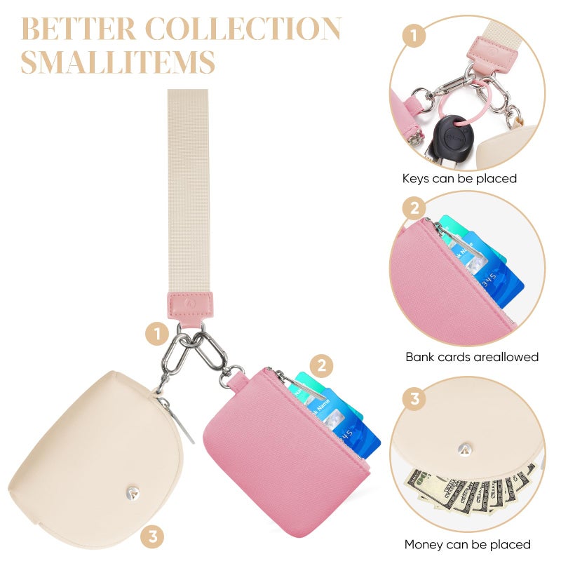 VUTUXA KeyChain Wallet Wristlet Wallets For Women Mini Zip Dual Pouch Wristlet (pink+white) - Image 5