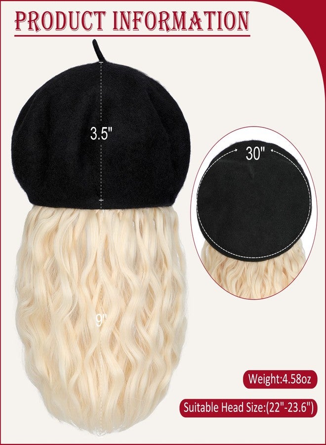 Lansigreen Berets Hat with Hair Extensions Classic Stretchable Wool French Solid Cap Attached Short Curly Bob Synthetic Hairpiece Wig Hat for Women Bleach Blonde - Image 3