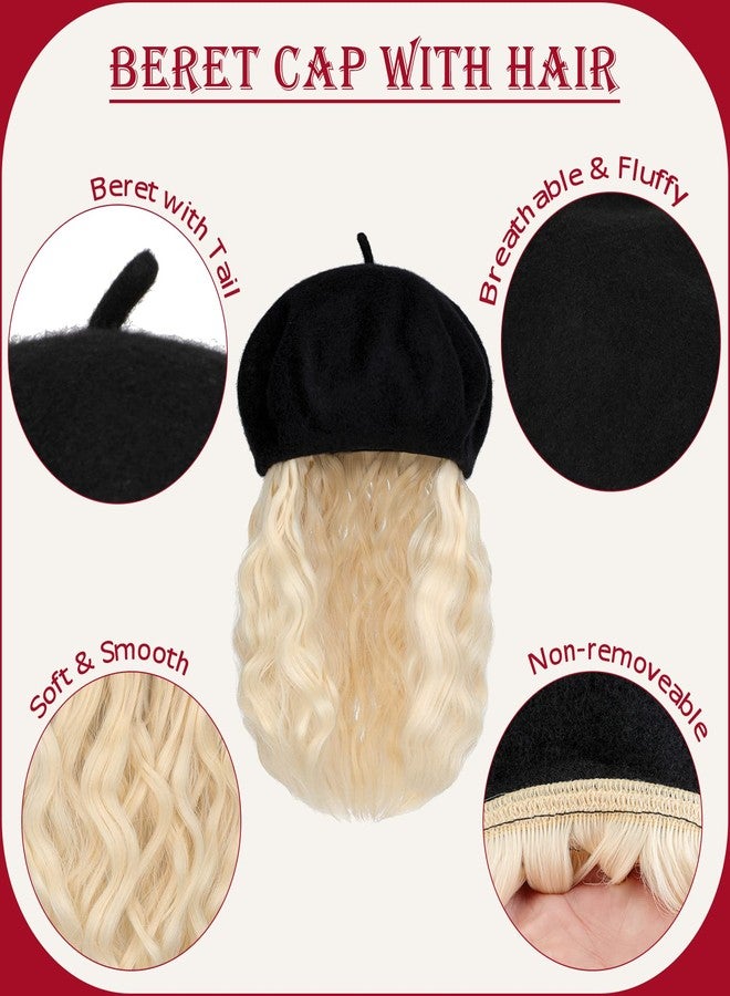 Lansigreen Berets Hat with Hair Extensions Classic Stretchable Wool French Solid Cap Attached Short Curly Bob Synthetic Hairpiece Wig Hat for Women Bleach Blonde - Image 5