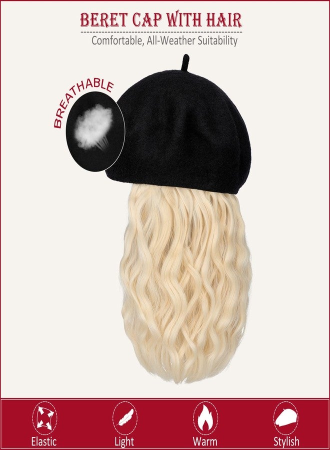 Lansigreen Berets Hat with Hair Extensions Classic Stretchable Wool French Solid Cap Attached Short Curly Bob Synthetic Hairpiece Wig Hat for Women Bleach Blonde - Image 4